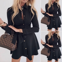 OL Style Long Sleeve POLO Collar Solid Color Shirt Dress
