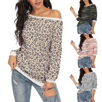 Sexy Oblique Shoulder Long Sleeve Printed T-shirt