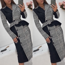 OL Style Long Sleeve Notched Lapel Slim Fit Houndstooth Dress