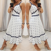 Sexy Backless V-neck Ruffle Hem Sling Printed Dress