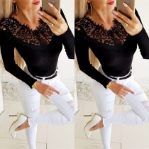 Sexy Hollow Out Lace Spliced Long Sleeve Round Neck Slim Fit Top
