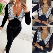 Fashion Long Sleeve Slim Fit Lace Spliced Top