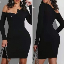 Simple Style Long Sleeve Round Neck Solid Color Slim Fit Dress