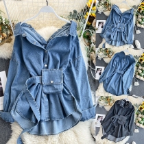 Fashion Long Sleeve POLO Collar High-low Hem Denim Coat