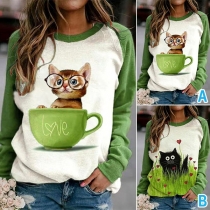 Cute Cat Printed Long Sleeve Round Neck Contrast Color T-shirt
