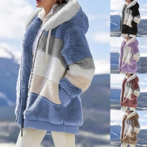 Fashion Contrast Color Long Sleeve Hooded Plush Coat