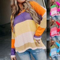 Fashion Long Sleeve Round Neck Colorful Striped T-shirt