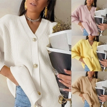 Fashion Solid Color Long Sleeve V-neck Knit Cardigan