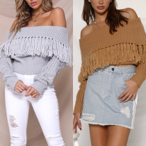Sexy Off-shoulder Boat Neck Solid Color Tassel Sweater