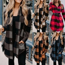 Fashion Long Sleeve POLO Collar Plaid Cardigan Coat