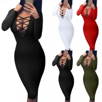 Sexy Hollow Out Deep V-neck Long Sleeve Solid Color Tight Dress