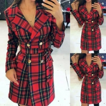 OL Style Long Sleeve Notched Lapel Slim Fit Plaid Suit Dress