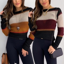 Fashion Contrast Color Long Sleeve Round Neck Knit Top