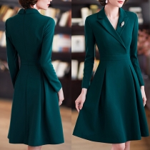 OL Style Long Sleeve Notched Lapel High Waist Solid Color Dress