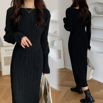 Fashion Solid Color Long Sleeve Round Neck High Waist Dress
