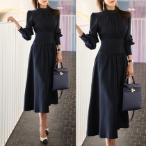OL Style Long Sleeve Stand Collar High Waist Solid Color Dress
