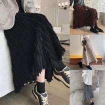 Fashion Solid Color High Waist Tassel Knit Skirt