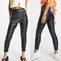 Fashion Solid Color Middle Waist Slim Fit PU Leather Pants