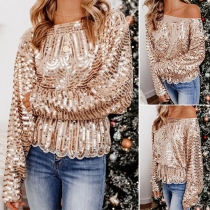 Chic Style Long Sleeve Round Neck Sequin T-shirt
