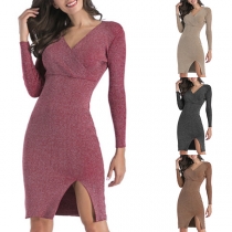 Sexy V-neck Slit Hem Long Sleeve Solid Color Slim Fit Knit Dress