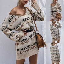Fashion Long Sleeve V-neck Letters Printed Knit Dress