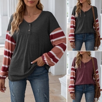 Fashion Striped Spliced Long Sleeve Round Neck T-shirt