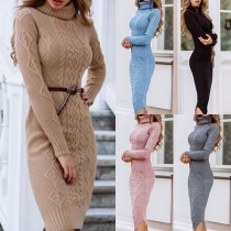 Fashion Solid Color Long Sleeve Turtleneck Slim Fit Knit Dress