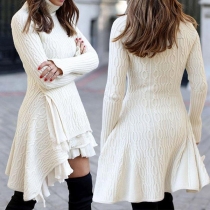 Fashion Solid Color Long Sleeve Turtleneck High-low Hem Sweater Dress