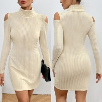 Sexy Off-shoulder Long Sleeve Turtleneck Solid Color Slim Fit Sweater Dress