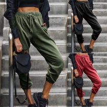 Casual Style Elastic Waist Solid Color Harem Pants