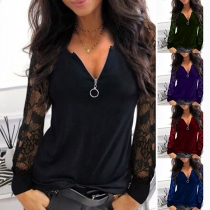 Fashion Lace Spliced Long Sleeve V-neck Solid Color T-shirt