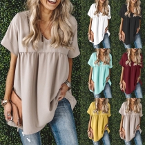 Fashion Solid Color Short Sleeve V-neck Loose Top