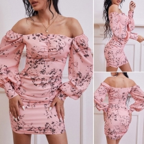 Sexy Square Collar Lantern Sleeve Slim Fit Printed Dress