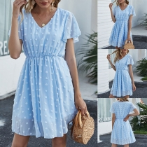 Sweet Style Short Sleeve V-neck High Waist Dress