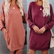 Fashion Solid Color Long Sleeve Round Neck Loose Dress