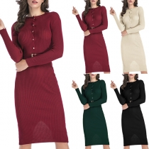 Elegant Solid Color Long Sleeve Round Neck Slim Fit Dress with Waistband