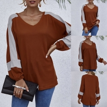 Fashion Contrast Color Long Sleeve V-neck Loose T-shirt