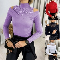 Sexy Off-shoulder Long Sleeve Mock Neck Lace Spliced Top