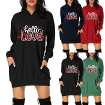 Fashion Letters Printed Long Sleeve Hooded Sweatshirt Dress