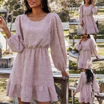 Fashion Solid Color Long Sleeve Round Neck Ruffle Hem A-line Dress