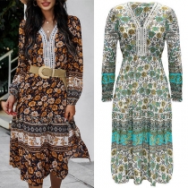 Bohemian Style Long Sleeve V-neck Printed Dress