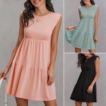 Fashion Solid Color Sleeveless Round Neck High Waist Dress
