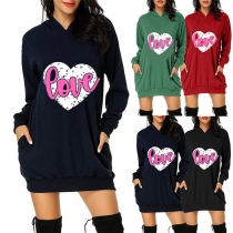 Fashion Heart Letters Printed Long Sleeve Hooded Sweatshirt Dress