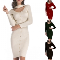 Sexy Hollow Out Round Neck Long Sleeve Solid Color Slim Fit Knit Dress