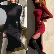 Elegant Solid Color Long Sleeve Mock Neck Slit Hem Slim Fit Dress