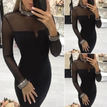 Sexy Gauze Rhinestone Spliced Long Sleeve Mock Neck Tight Dress