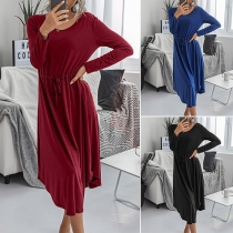 Fashion Solid Color Long Sleeve Round Neck Dress