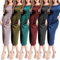 Elegant Solid Color Long Sleeve Round Neck Irregular Party Dress