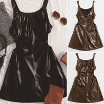 Sexy Backless Hollow Out High Waist Solid Color Slim Fit Sling PU Leather Dress