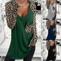 Fashion Leopard Printed Long Sleeve V-neck T-shirt